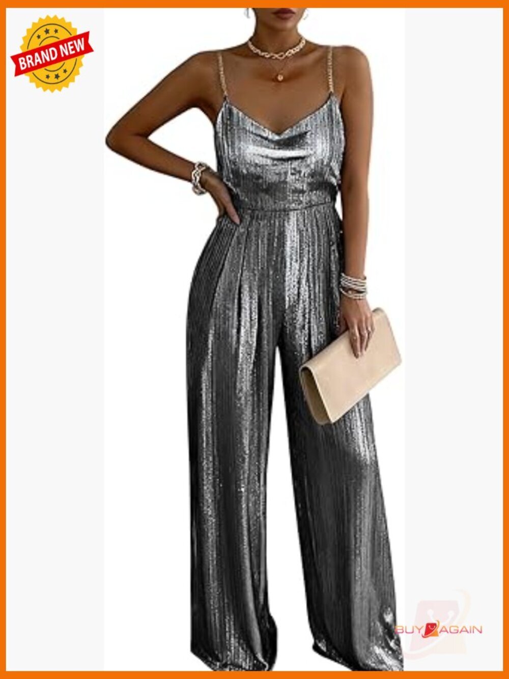 Sparkling Wide Leg Jumpsuit with Spaghetti Strap - Sleeveless Party Outfit